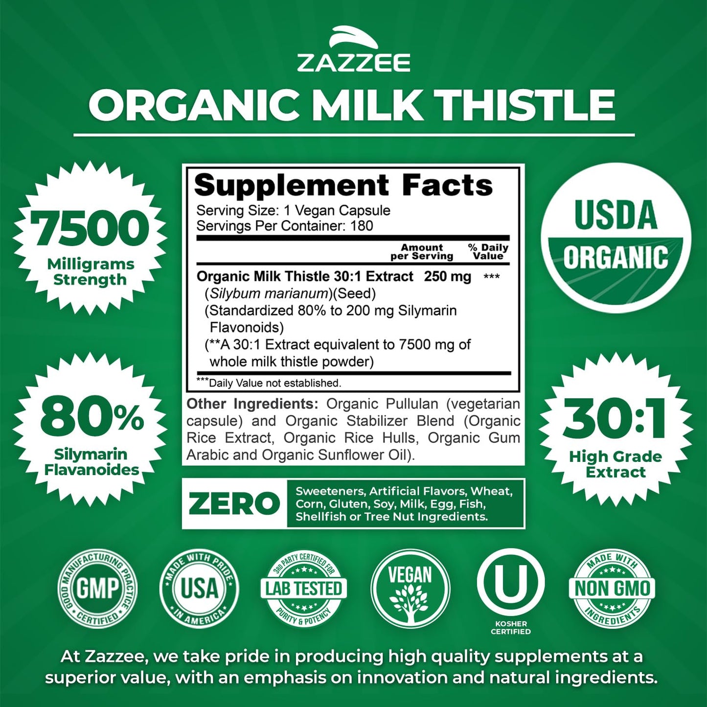 Zazzee USDA Organic Milk Thistle 30:1 Extract – 7500 mg per Capsule, 180 Vegan Capsules, 80% Silymarin, USA Made