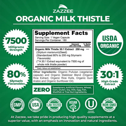 Zazzee USDA Organic Milk Thistle 30:1 Extract – 7500 mg per Capsule, 180 Vegan Capsules, 80% Silymarin, USA Made