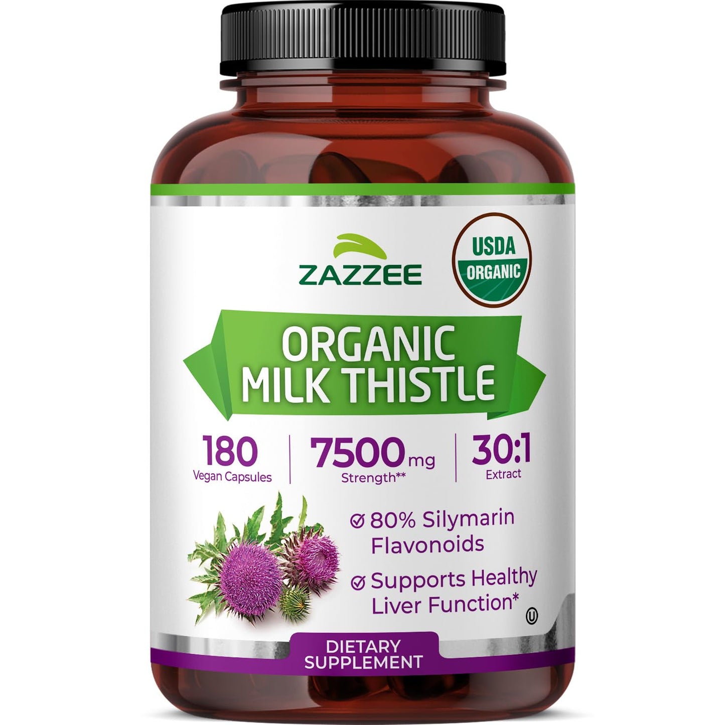 Zazzee USDA Organic Milk Thistle 30:1 Extract – 7500 mg per Capsule, 180 Vegan Capsules, 80% Silymarin, USA Made