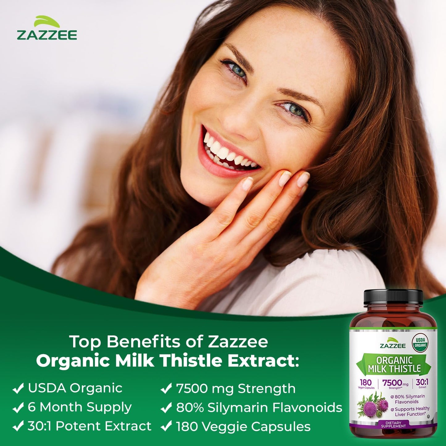 Zazzee USDA Organic Milk Thistle 30:1 Extract – 7500 mg per Capsule, 180 Vegan Capsules, 80% Silymarin, USA Made