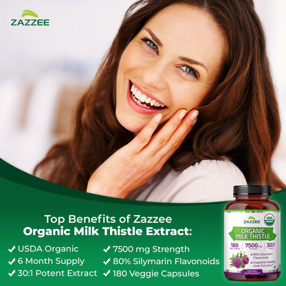 Zazzee USDA Organic Milk Thistle 30:1 Extract – 7500 mg per Capsule, 180 Vegan Capsules, 80% Silymarin, USA Made