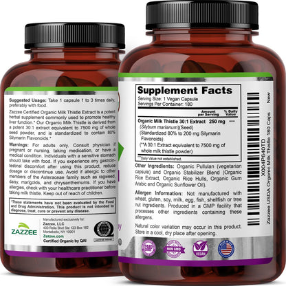 Zazzee USDA Organic Milk Thistle 30:1 Extract – 7500 mg per Capsule, 180 Vegan Capsules, 80% Silymarin, USA Made
