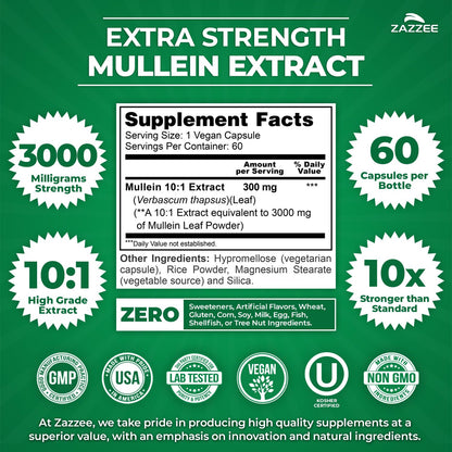 Zazzee Extra Strength Mullein 10:1 Extract – 3000 mg, 60 Vegan Capsules, Made in USA