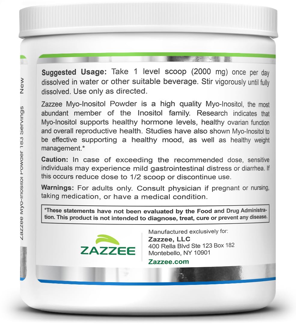 Zazzee Myo-Inositol Powder – 6 Month Supply, 183 Servings, 2000 mg per Serving, Free Scoop, Vegan & Non-GMO