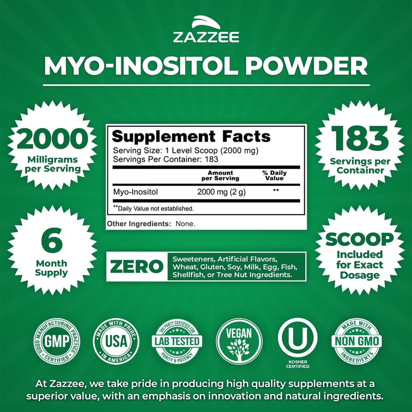Zazzee Myo-Inositol Powder – 6 Month Supply, 183 Servings, 2000 mg per Serving, Free Scoop, Vegan & Non-GMO