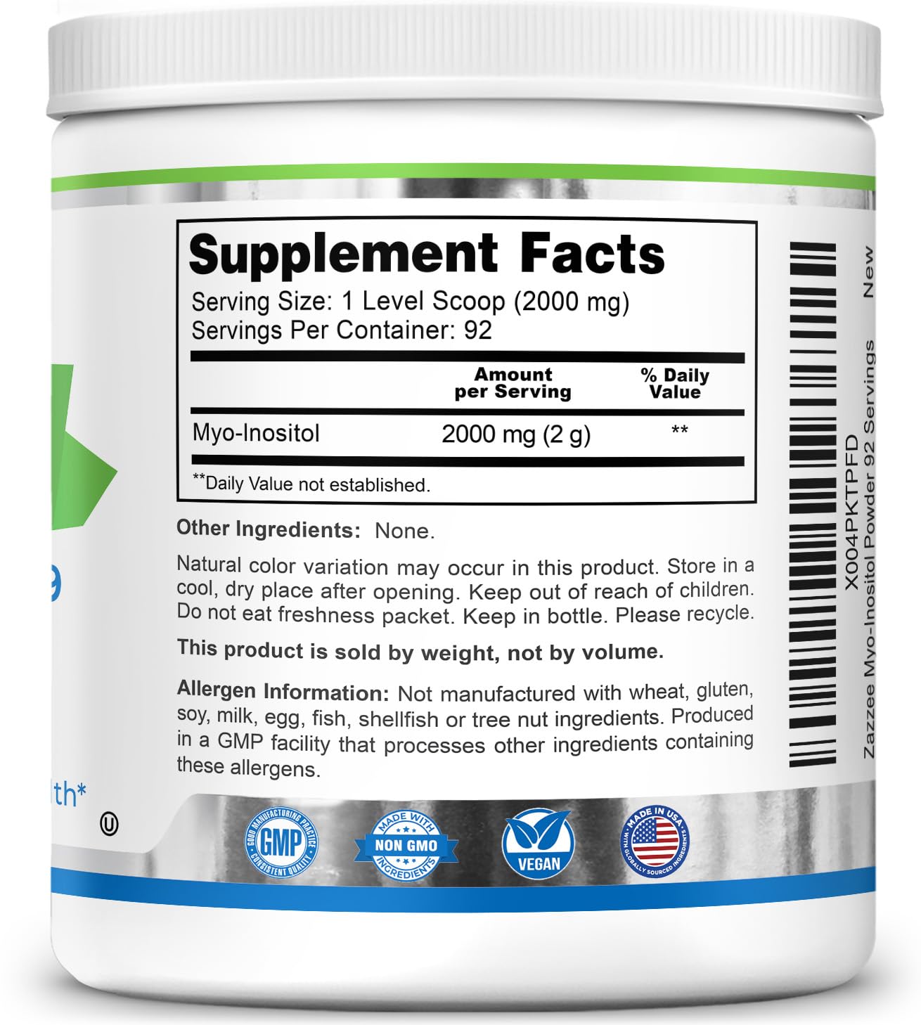 Zazzee Myo-Inositol Powder – 6 Month Supply, 183 Servings, 2000 mg per Serving, Free Scoop, Vegan & Non-GMO
