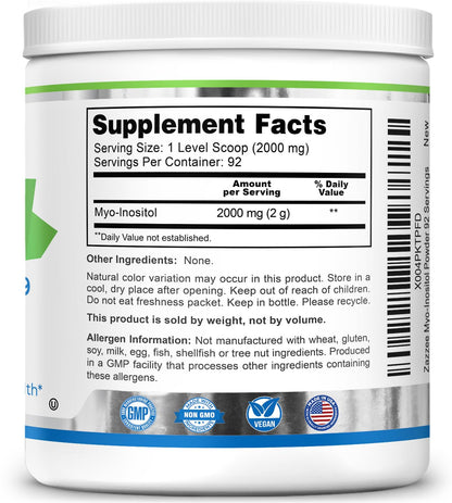 Zazzee Myo-Inositol Powder – 6 Month Supply, 183 Servings, 2000 mg per Serving, Free Scoop, Vegan & Non-GMO