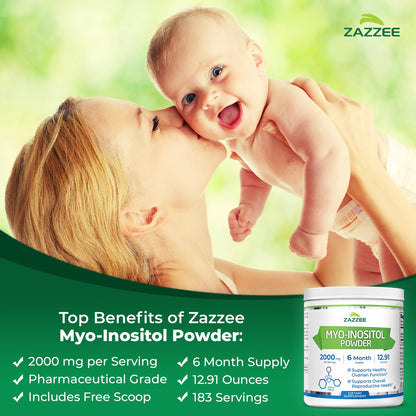 Zazzee Myo-Inositol Powder – 6 Month Supply, 183 Servings, 2000 mg per Serving, Free Scoop, Vegan & Non-GMO