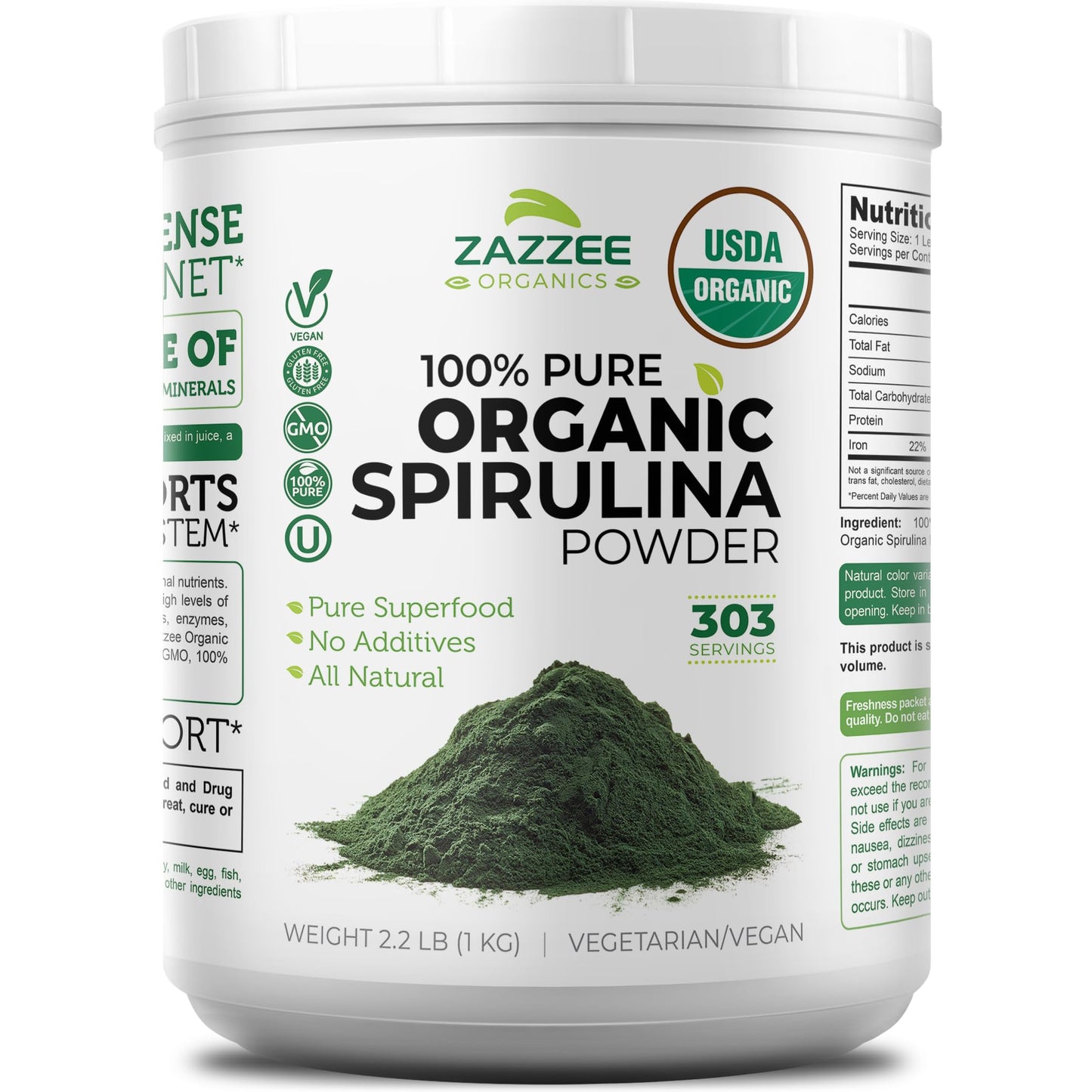 Zazzee Organic Spirulina Powder – 2.2 lb / 1 KG, USDA Certified, 303 Servings, Kosher, Non-GMO, Gluten-Free
