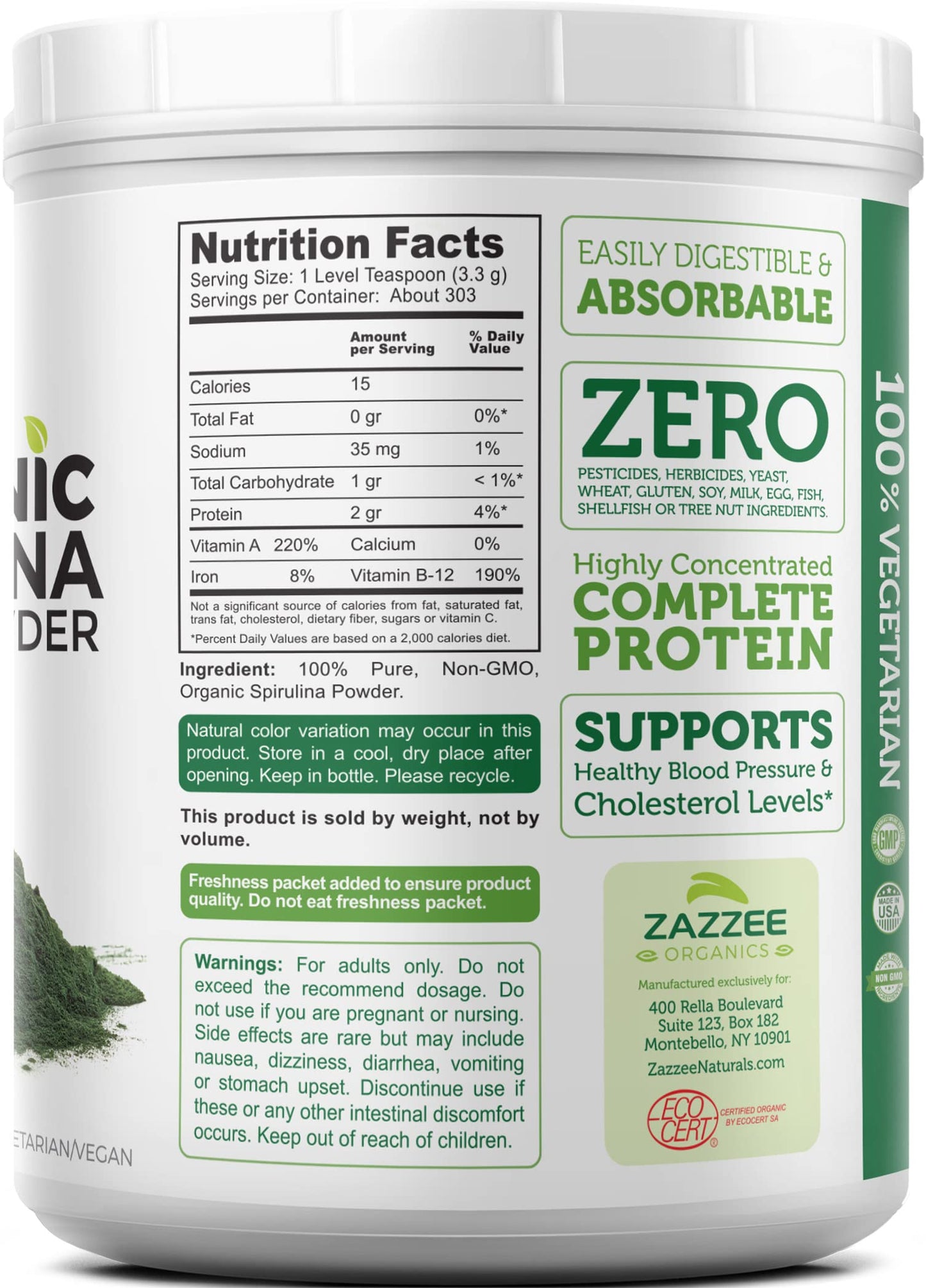 Zazzee Organic Spirulina Powder – 2.2 lb / 1 KG, USDA Certified, 303 Servings, Kosher, Non-GMO, Gluten-Free