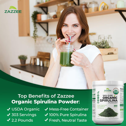 Zazzee Organic Spirulina Powder – 2.2 lb / 1 KG, USDA Certified, 303 Servings, Kosher, Non-GMO, Gluten-Free