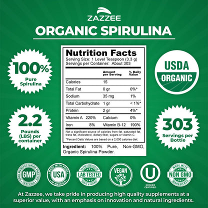 Zazzee Organic Spirulina Powder – 2.2 lb / 1 KG, USDA Certified, 303 Servings, Kosher, Non-GMO, Gluten-Free