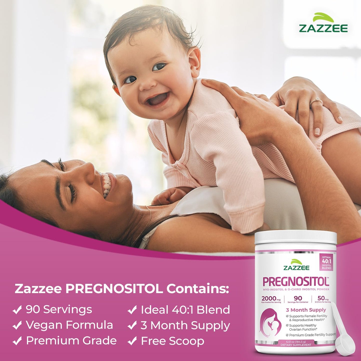 Zazzee PREGNOSITOL Powder – 3 Month Supply, 40:1 Myo-Inositol/D-Chiro-Inositol, Free Scoop, Vegan
