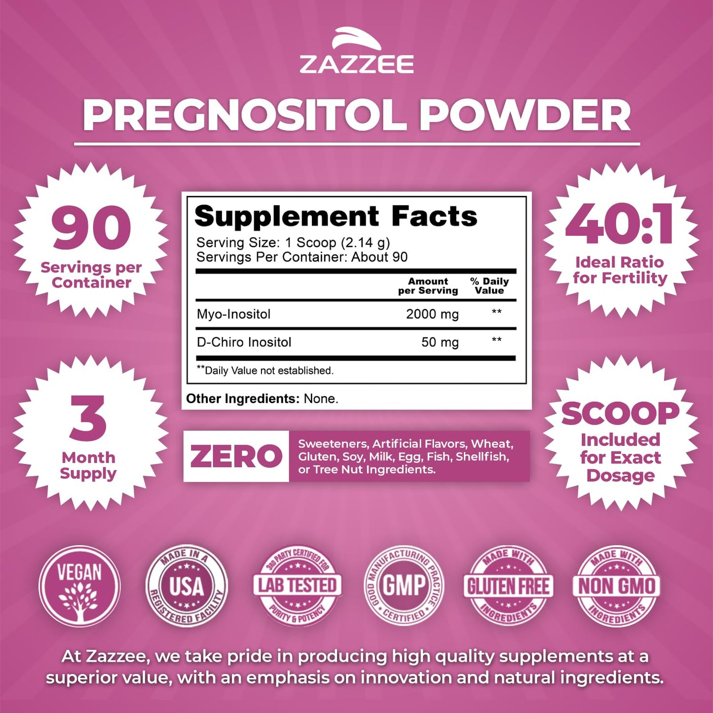 Zazzee PREGNOSITOL Powder – 3 Month Supply, 40:1 Myo-Inositol/D-Chiro-Inositol, Free Scoop, Vegan