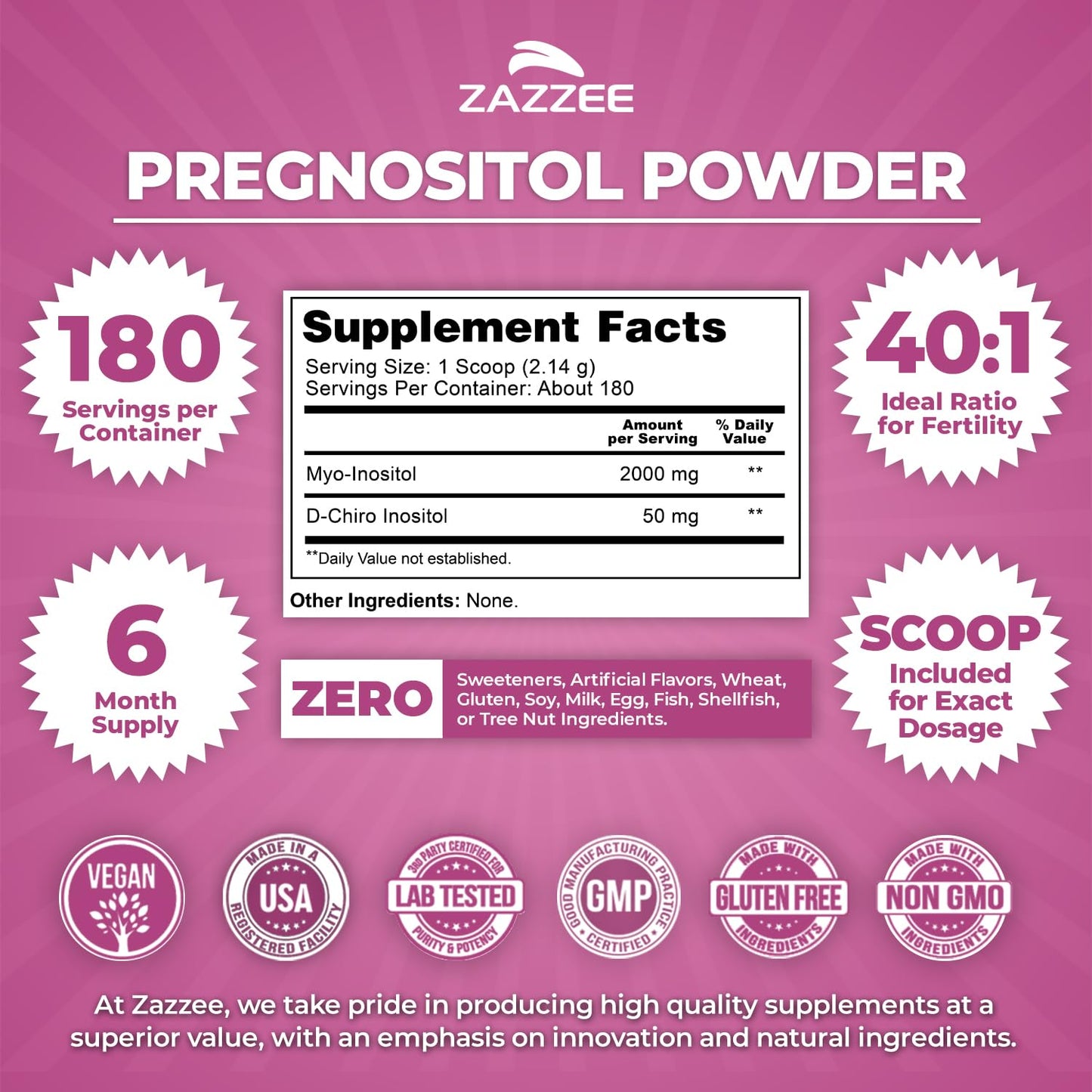 Zazzee Pregnostol Powder | 6-Month Supply, Myo-Inositol 40:1 D-Chiro-Inositol, Vegan & Non-GMO