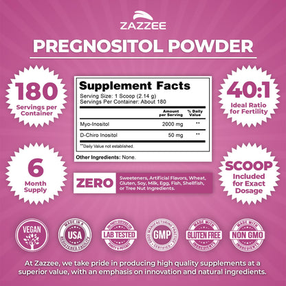 Zazzee Pregnostol Powder | 6-Month Supply, Myo-Inositol 40:1 D-Chiro-Inositol, Vegan & Non-GMO
