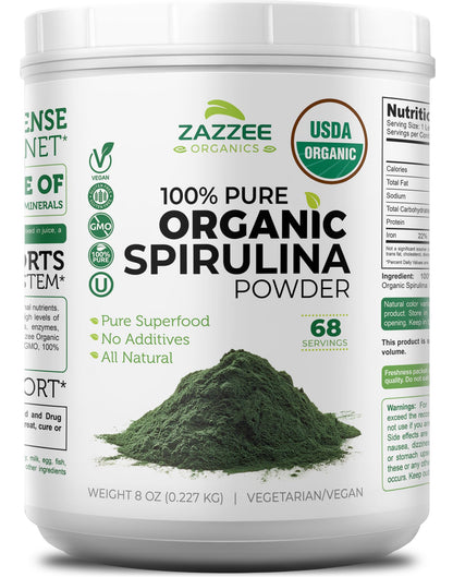 Zazzee Organic Spirulina Powder, 8 Ounces – USDA Certified Organic, 68 Servings