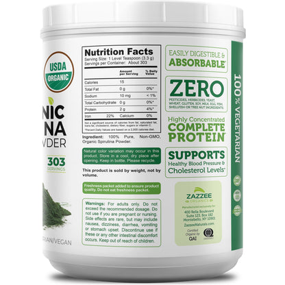 Zazzee Organic Spirulina Powder – 2.2 lb / 1 KG, USDA Certified, 303 Servings, Kosher, Non-GMO, Gluten-Free