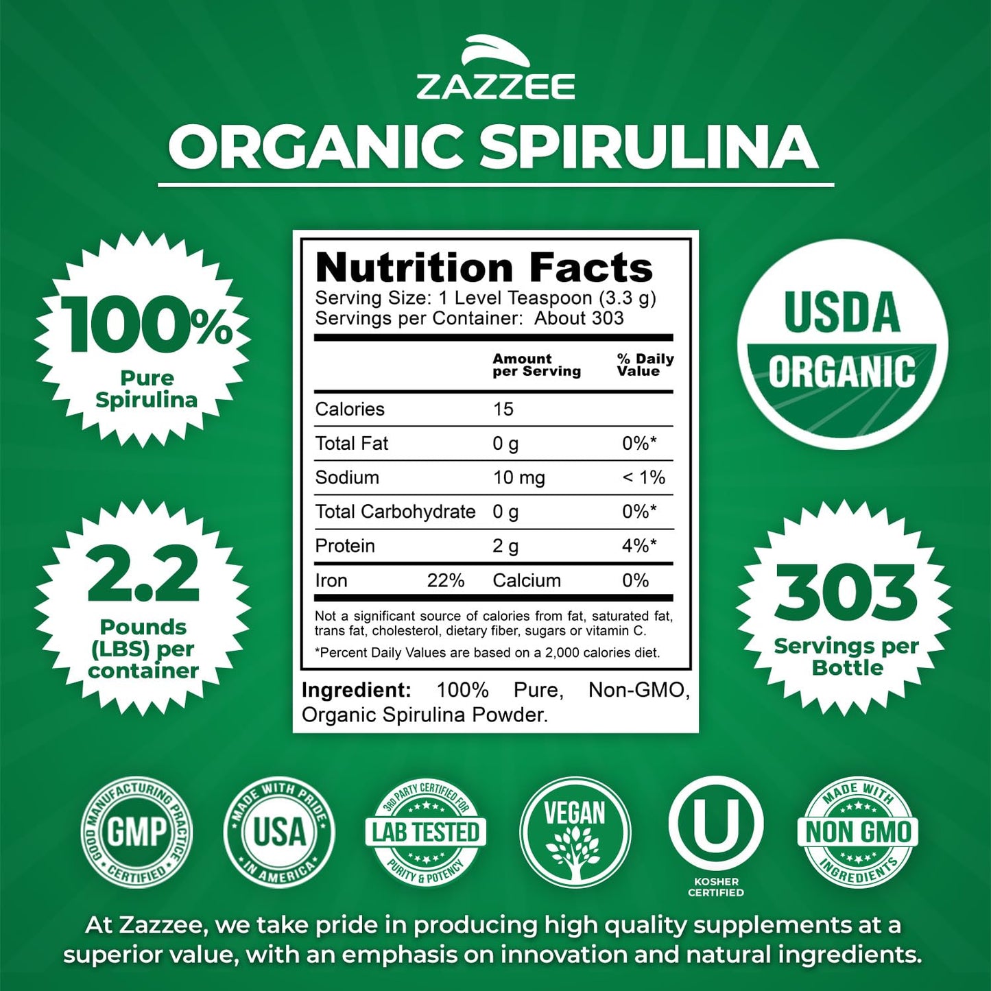 Zazzee Organic Spirulina Powder – 2.2 lb / 1 KG, USDA Certified, 303 Servings, Kosher, Non-GMO, Gluten-Free