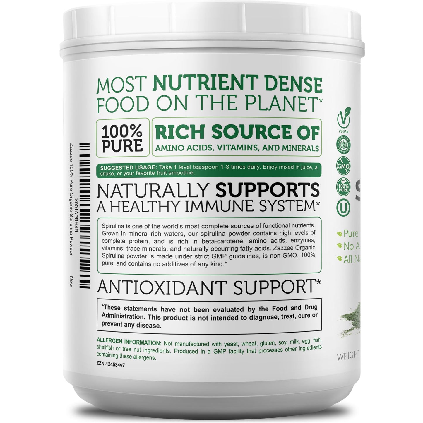 Zazzee Organic Spirulina Powder – 2.2 lb / 1 KG, USDA Certified, 303 Servings, Kosher, Non-GMO, Gluten-Free