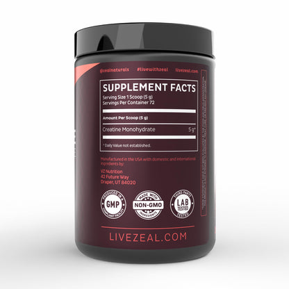 Zeal Micronized Creatine Monohydrate Powder – Unflavored, 5g per Serving | 72 Servings