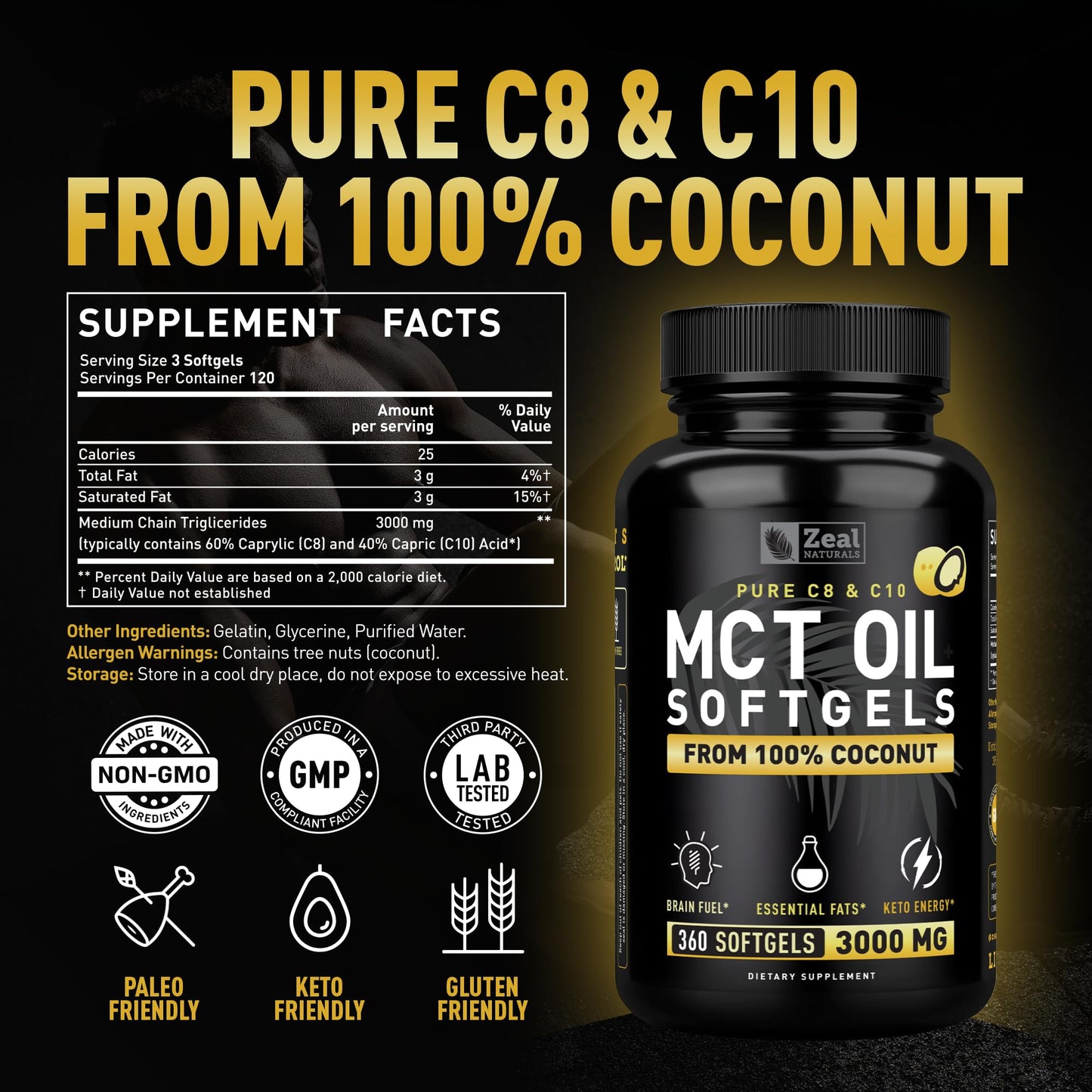 Zeal Naturals Pure MCT Oil Capsules - 3000mg, 360 Softgels | C8/C10 MCT from Coconut | Energy Support & Focus | Gluten-Free