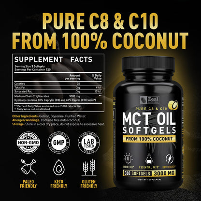 Zeal Naturals Pure MCT Oil Capsules - 3000mg, 360 Softgels | C8/C10 MCT from Coconut | Energy Support & Focus | Gluten-Free