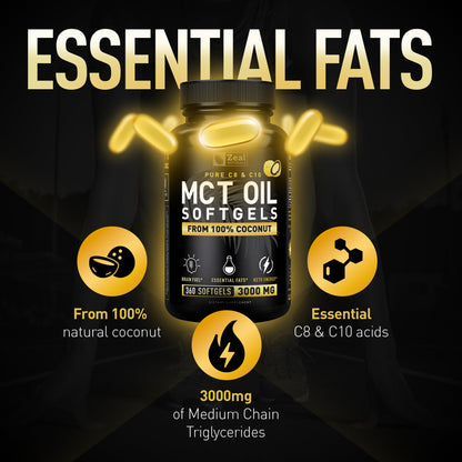 Zeal Naturals Pure MCT Oil Capsules - 3000mg, 360 Softgels | C8/C10 MCT from Coconut | Energy Support & Focus | Gluten-Free