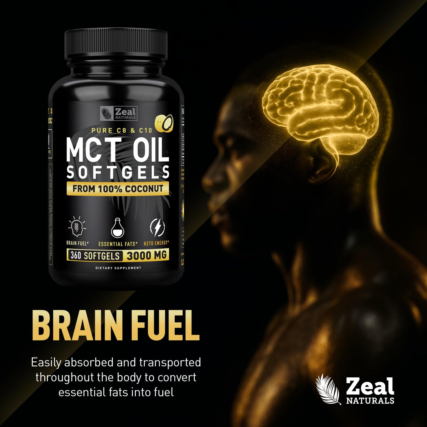 Zeal Naturals Pure MCT Oil Capsules - 3000mg, 360 Softgels | C8/C10 MCT from Coconut | Energy Support & Focus | Gluten-Free
