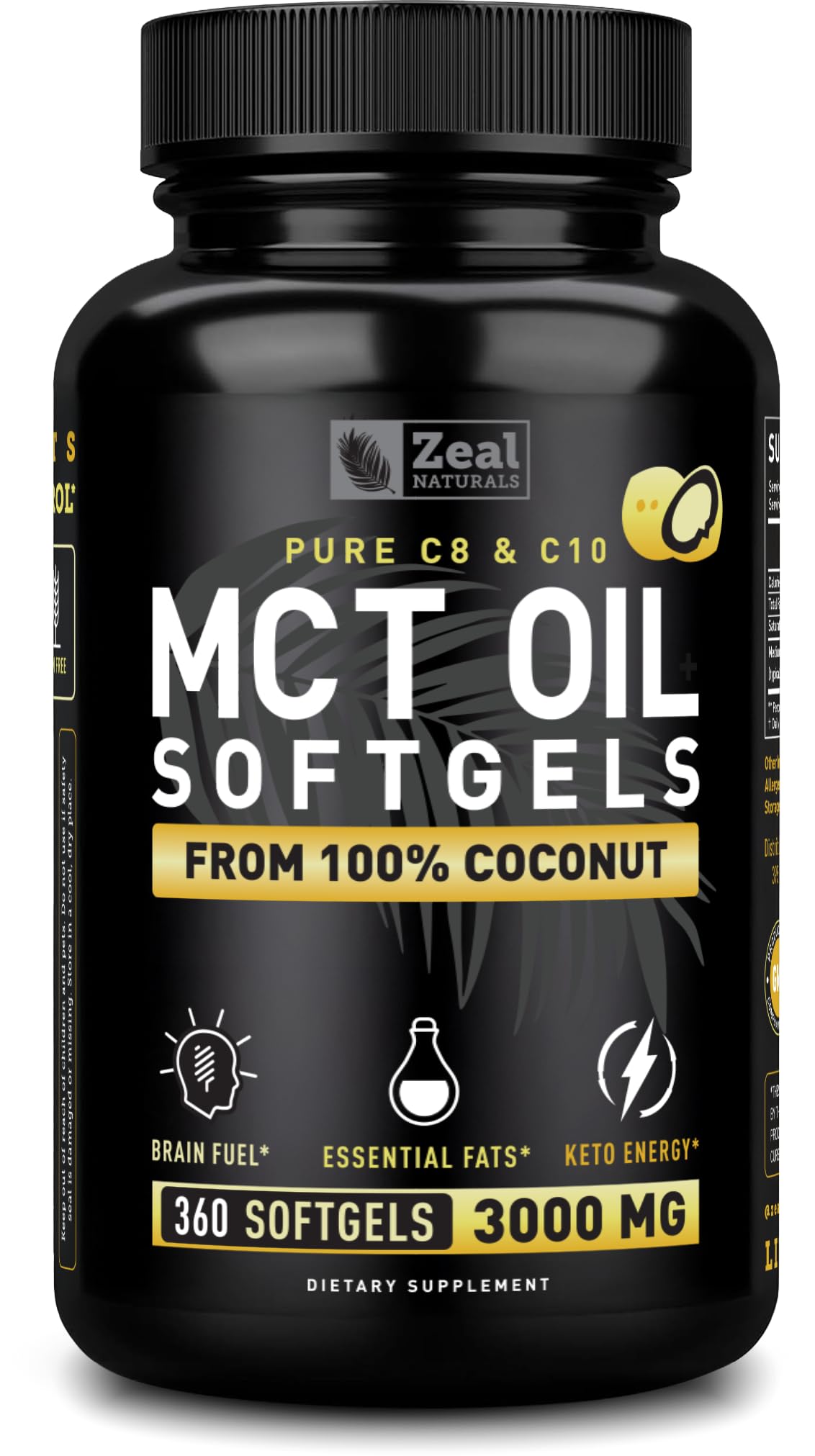 Zeal Naturals Pure MCT Oil Capsules - 3000mg, 360 Softgels | C8/C10 MCT from Coconut | Energy Support & Focus | Gluten-Free