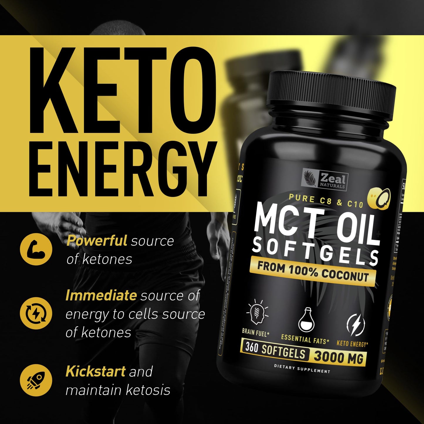 Zeal Naturals Pure MCT Oil Capsules - 3000mg, 360 Softgels | C8/C10 MCT from Coconut | Energy Support & Focus | Gluten-Free