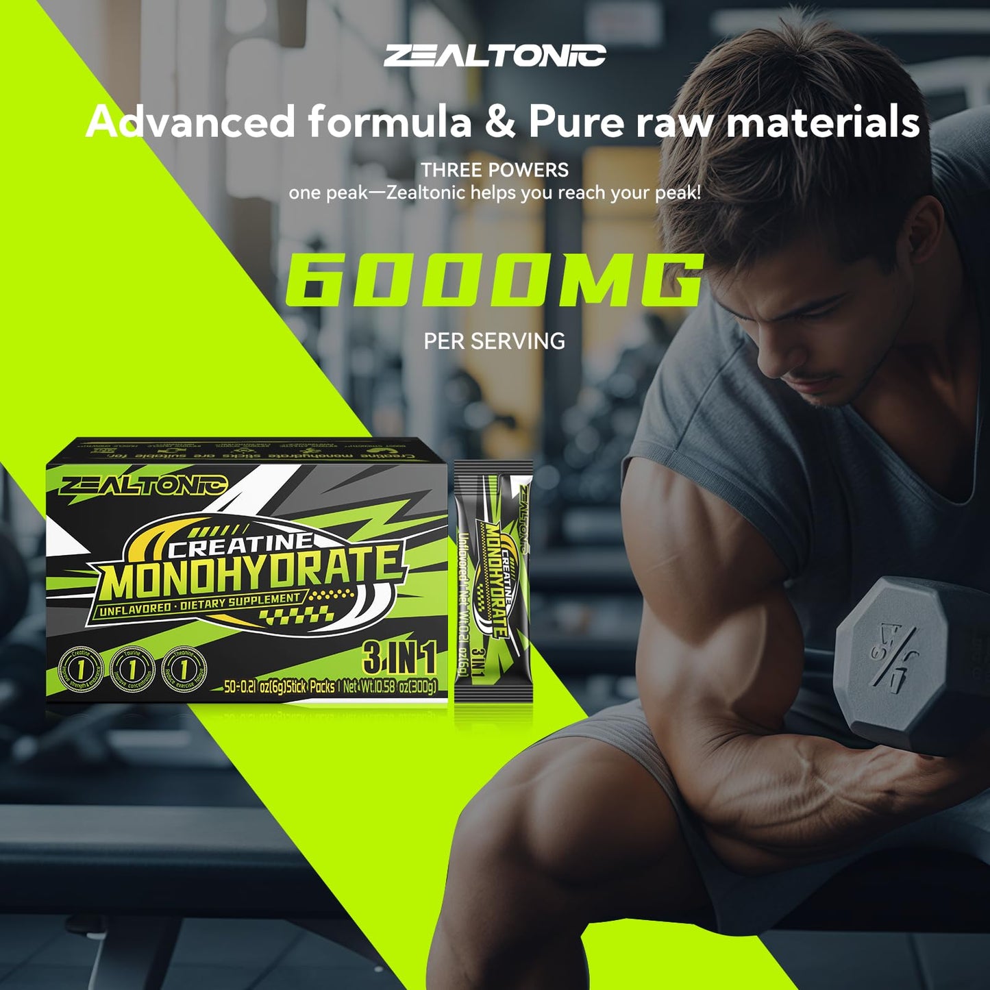 Zealtonic 5000mg Creatine Monohydrate Pack – 100 Servings with Taurine & L-Theanine
