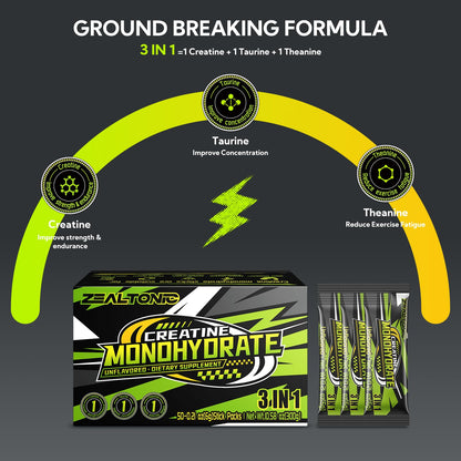 Zealtonic 5000mg Creatine Monohydrate Pack – 100 Servings with Taurine & L-Theanine