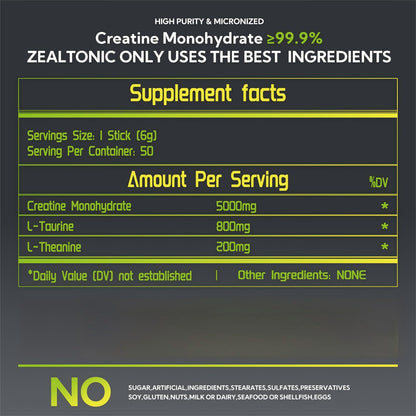 Zealtonic 5000mg Creatine Monohydrate Pack – 100 Servings with Taurine & L-Theanine