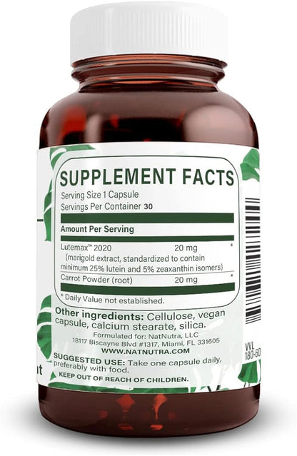 Natural Nutra Lutein & Zeaxanthin Supplement - Vision Health Support, 20 mg, 60 Capsules, Gluten Free & Soy Free