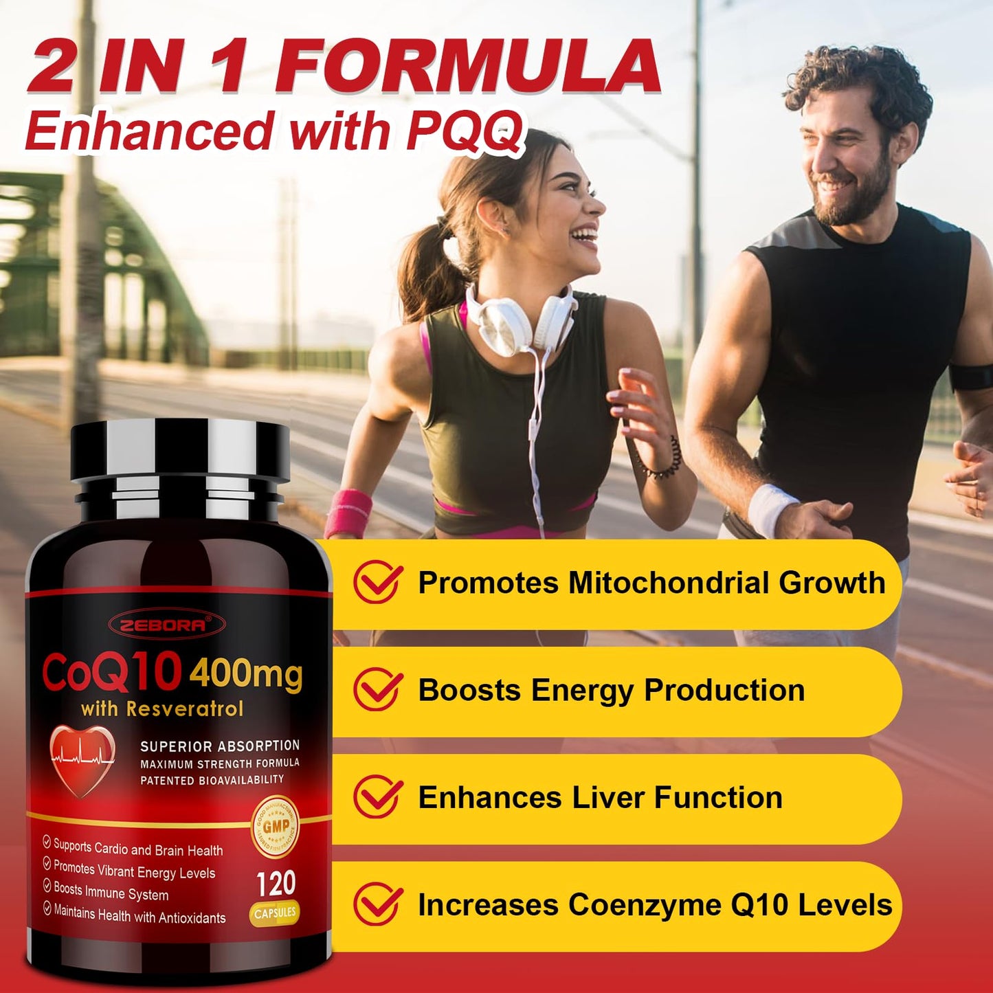 ZEBORA CoQ10-400mg with Trans-Resveratrol, PQQ & Vitamin E — High-Absorption CoQ10 with BioPerine, 2-Pack Veggie Capsules