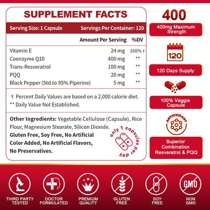 ZEBORA CoQ10-400mg with Trans-Resveratrol, PQQ & Vitamin E — High-Absorption CoQ10 with BioPerine, 2-Pack Veggie Capsules
