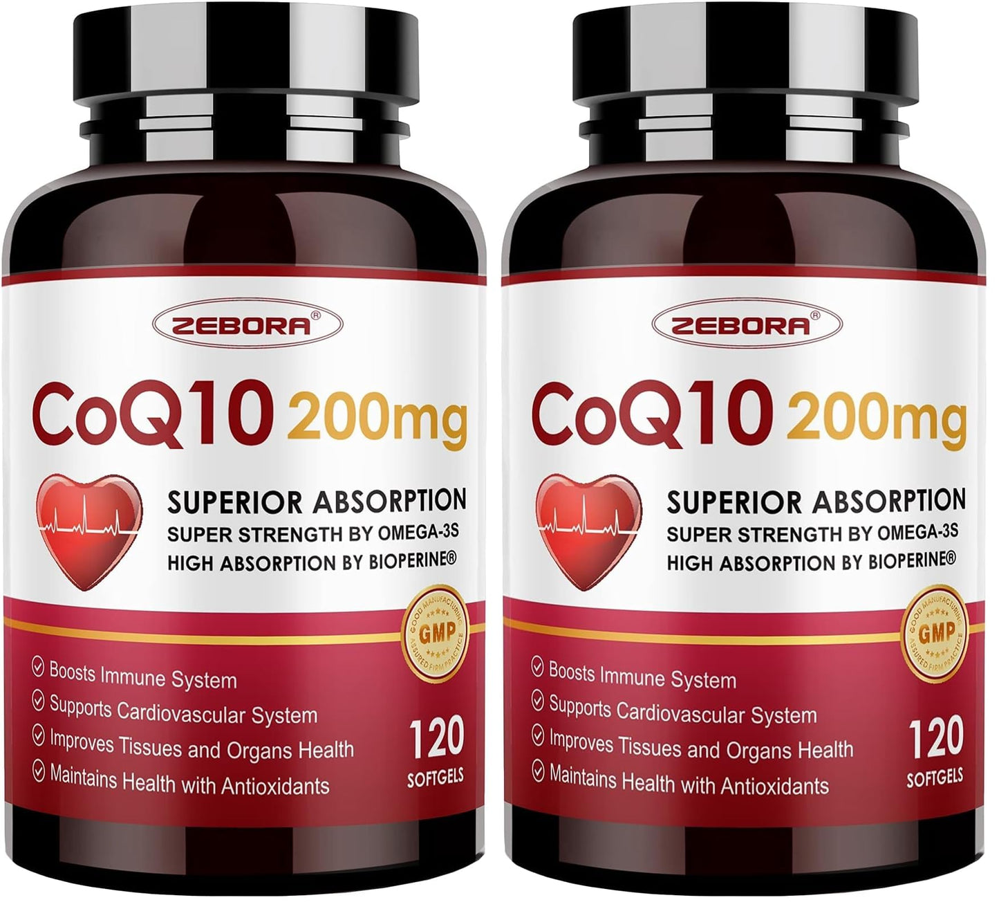 ZEBORA CoQ10-200mg Softgels with PQQ, BioPerine & Omega-3 — Pack of 2