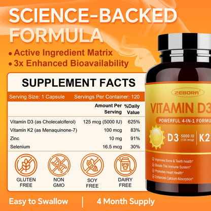 ZEBORA Vitamin D3+K2 5000 IU (MK-7 100 mcg) - 120 Capsules