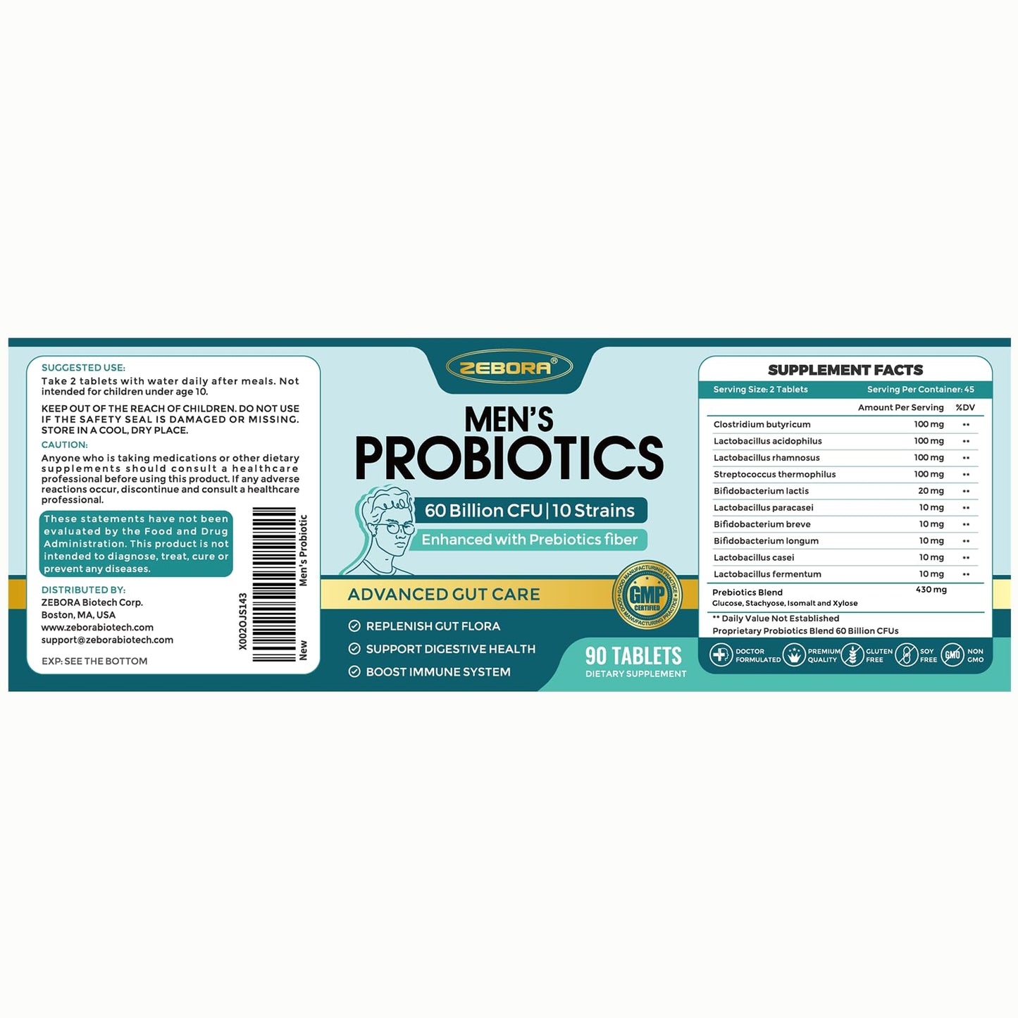 ZEBORA Probiotics for Men + Prebiotics – 60B CFUs, 10 Strains, 90 Tablets, Shelf-Stable, Gluten & Soy Free