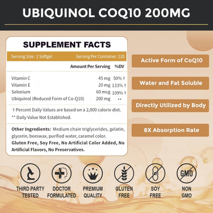 ZEBORA Ubiquinol CoQ10 200mg Softgels – 4-in-1 Antioxidant with Max Absorption (Pack of 2)