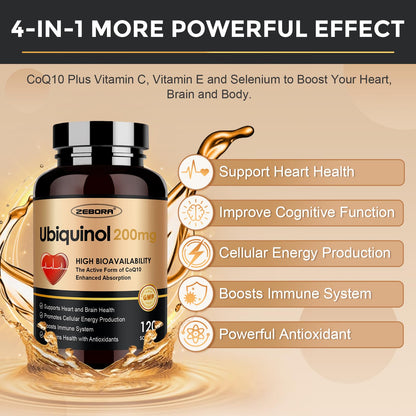 ZEBORA Ubiquinol CoQ10 200mg Softgels – 4-in-1 Antioxidant with Max Absorption (Pack of 2)