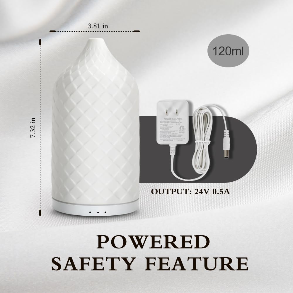 ZEIGGA LAB Essential Oil Diffuser – White Ceramic 120ml Aromatherapy Diffuser with Waterless Auto-Off, 7 LED Lights for Large Room