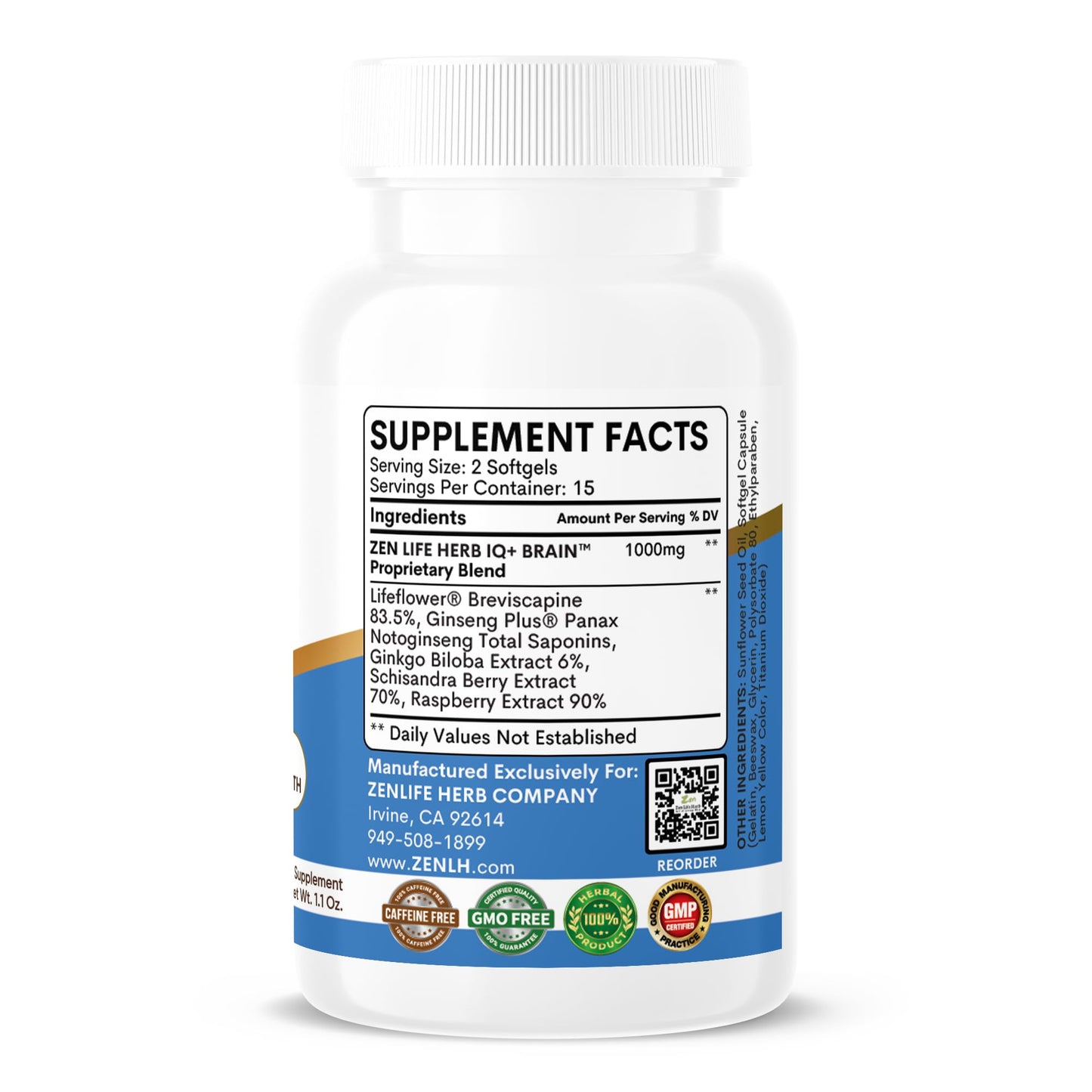 ZEN LIFE HERB IQ+ Brain - Caffeine-Free, Clinically Tested Focus, Concentration, Memory & Energy | 30 Softgels