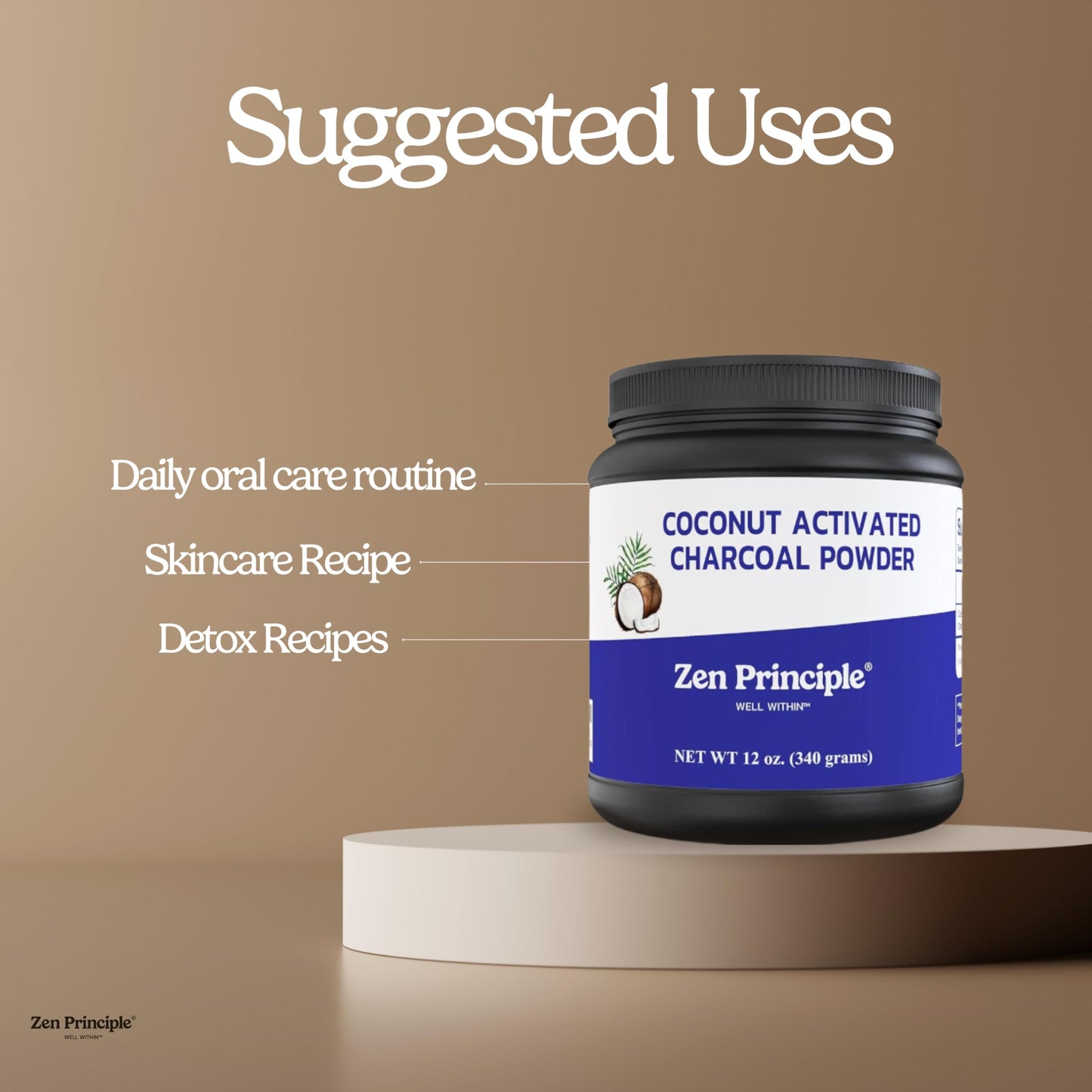 Zen Principle Coconut Activated Charcoal Powder – Teeth Whitening, Digestive Support, USA-Owned 12 Oz