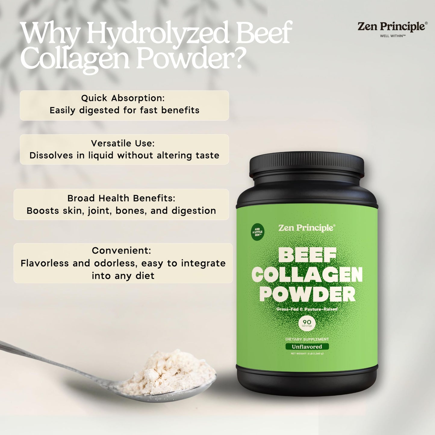 Zen Principle Grass-Fed Collagen Peptides — 3 lb Agglomerated Hydrolyzed Powder | Paleo & Keto Friendly