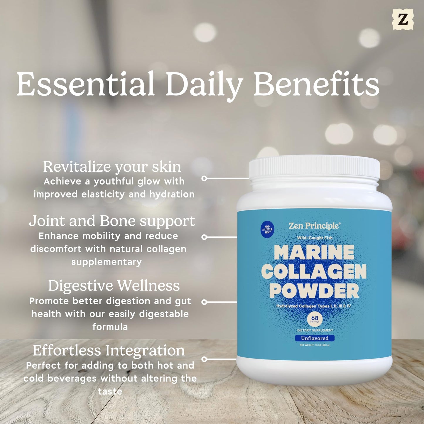 Zen Principle Marine Collagen Peptides Powder – 1.5 lb, Wild-Caught, Non-GMO, Hydrolyzed Type I & III