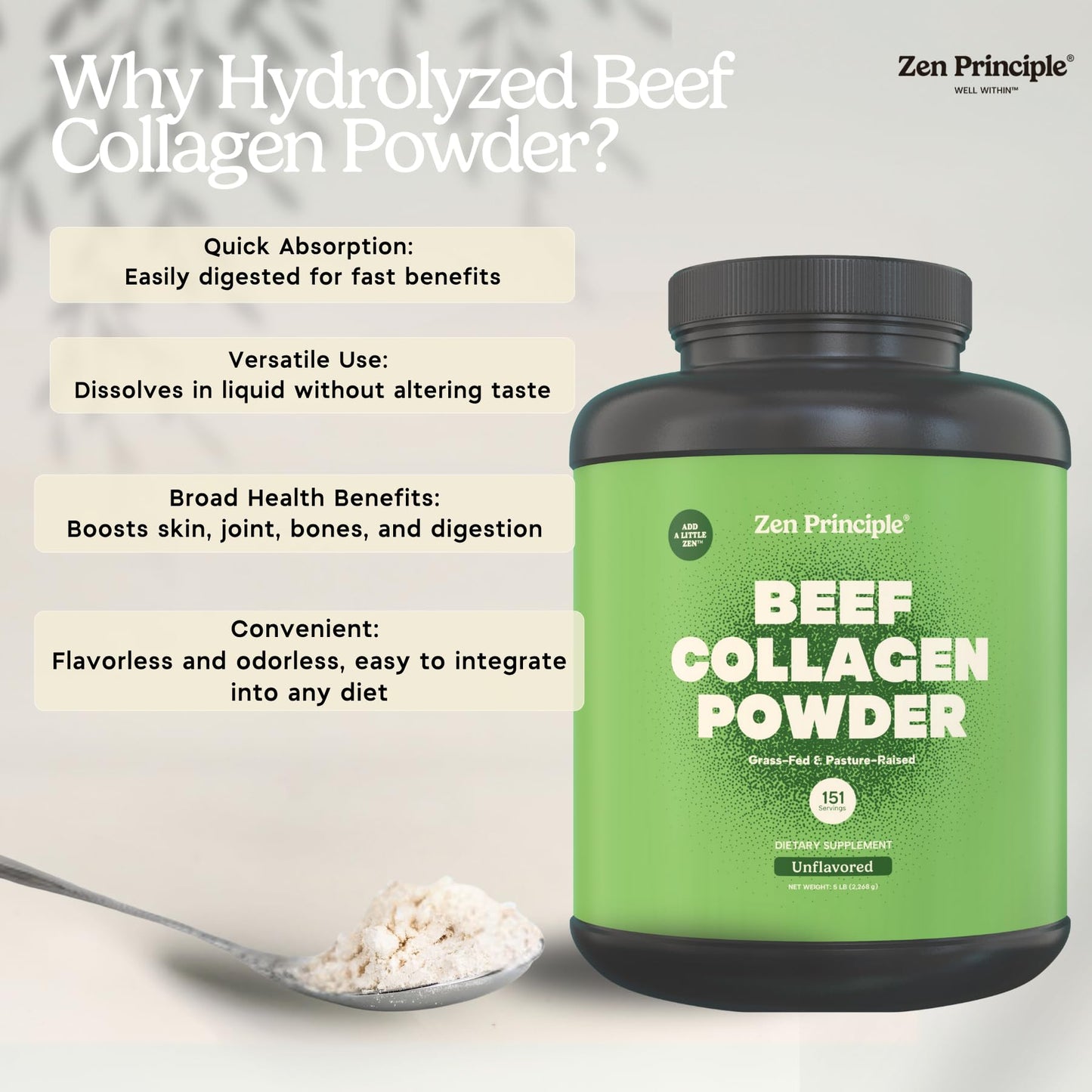 Zen Principle Grass-Fed Collagen Peptides 5 lb – Anti-Aging Protein Powder