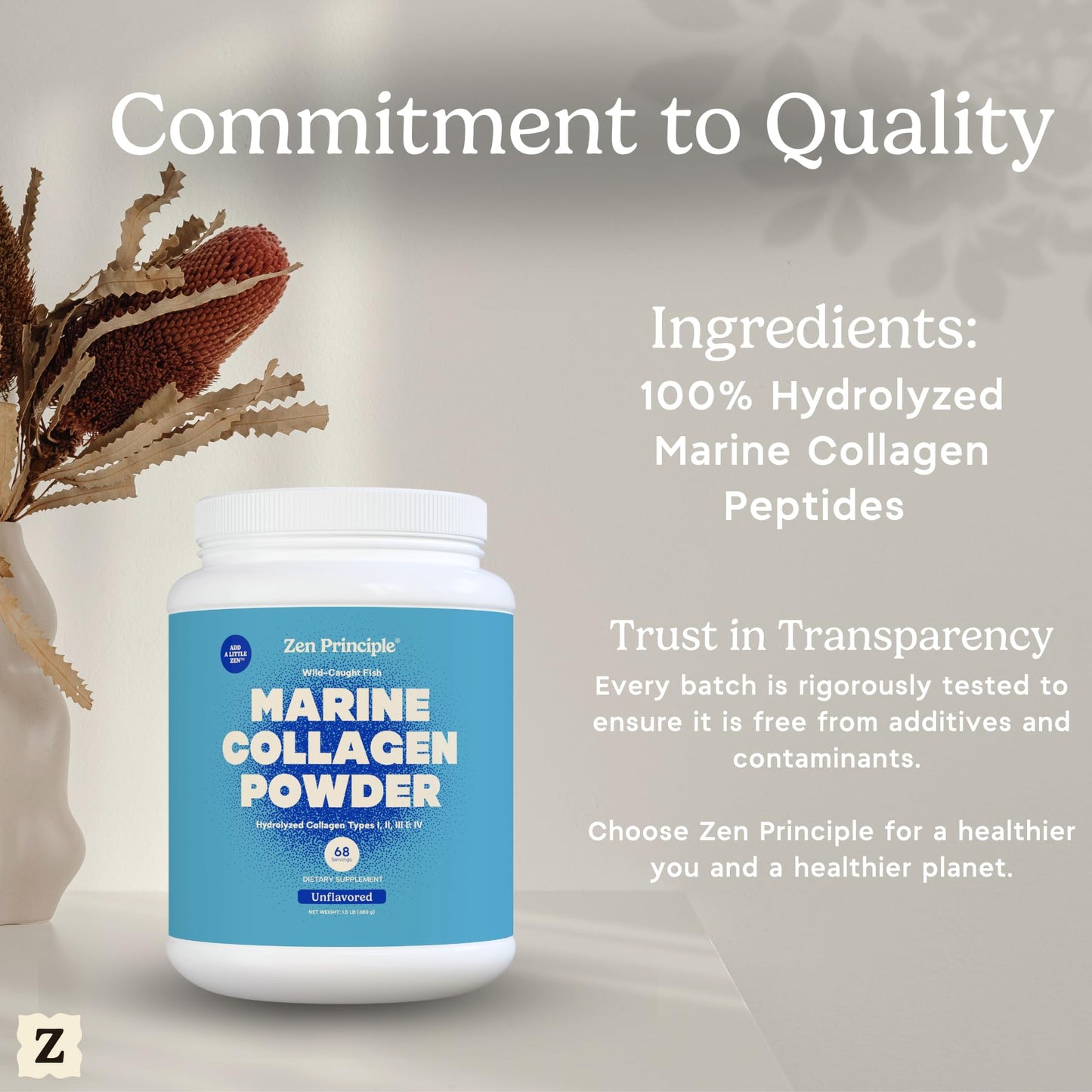 Zen Principle Marine Collagen Peptides Powder – 1.5 lb, Wild-Caught, Non-GMO, Hydrolyzed Type I & III