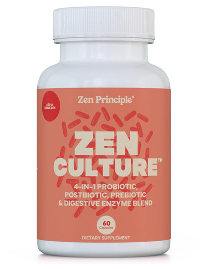 Zen Principle Zenculture™ – 4-in-1 Synbiotic Supplement (Probiotic + Prebiotic + Postbiotic + Digestive Enzymes) with CoreBiome® • 60 Capsules